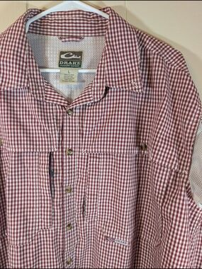 Drake Waterfowl Shirt Men’s Large Red Gingham Check Long Sleeve Button Fishing